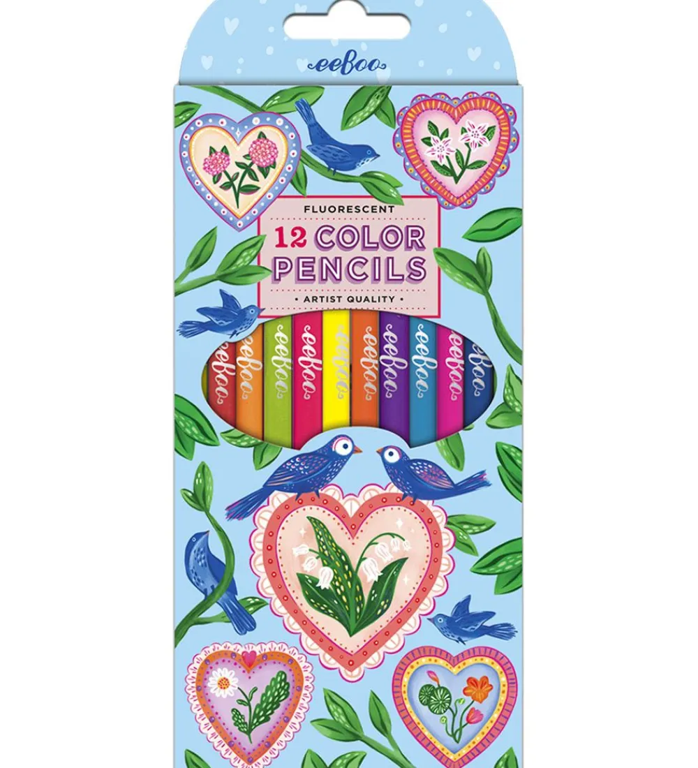 Eeboo Tuscher Og Farver>Farveblyanter - 12 Stk. - Neon - Hearts & Birds