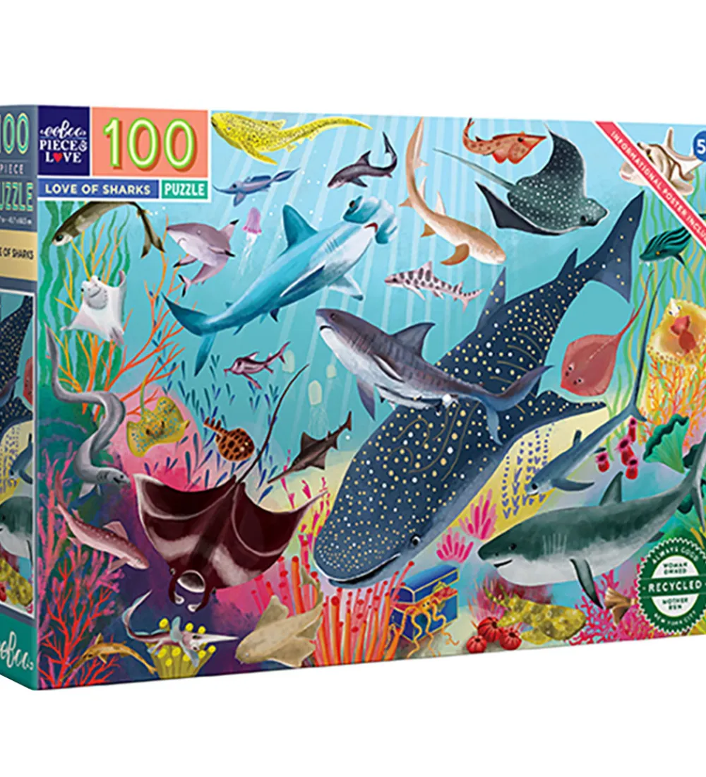 Eeboo Puslespil>Puslespil - 100 Brikker - 45,7x68,5 cm - Hajer i Dybet