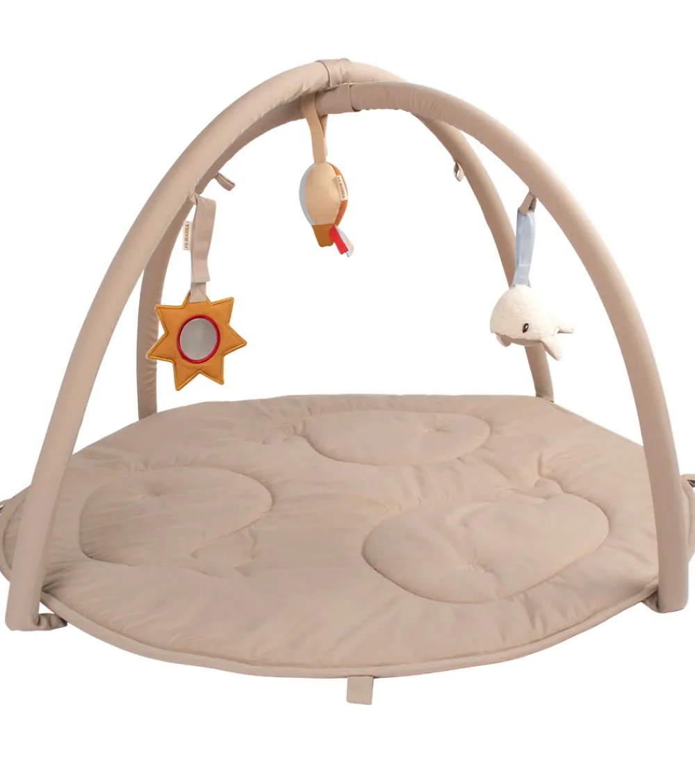 Filibabba Babylegetøj|Aktivitetsstativer>Aktivitetstæppe m. 3 Aktivitetslegetøj - Beige