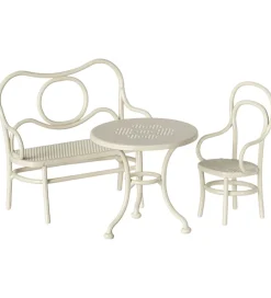 Maileg Dukker Og Tilbehør>Miniature Cafesæt - Bord med Stol og Bænk - Mus - Hvid