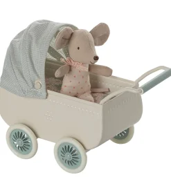 Maileg Dukker Og Tilbehør>Miniature Dukkevogn m. Baby Mus - Mus - Mint