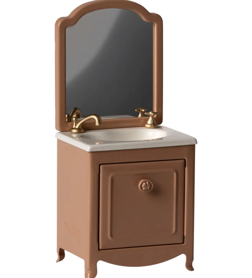 Maileg Dukker Og Tilbehør>Miniature Kommode m. Vask & Spejl - Mus - Dark Powder