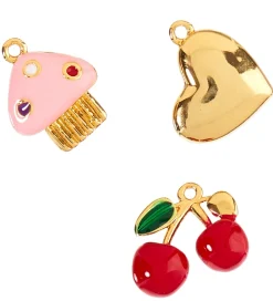 Me&My BOX Perler>Vedhæng - 3-pak - Hjerte/Cupcake/Kirkebær - Guldbelagt