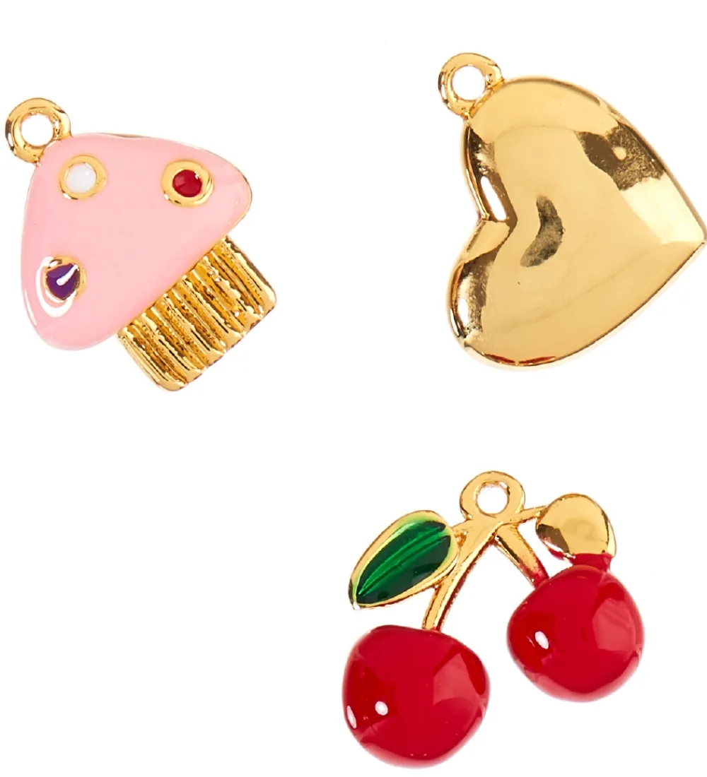 Me&My BOX Perler>Vedhæng - 3-pak - Hjerte/Cupcake/Kirkebær - Guldbelagt