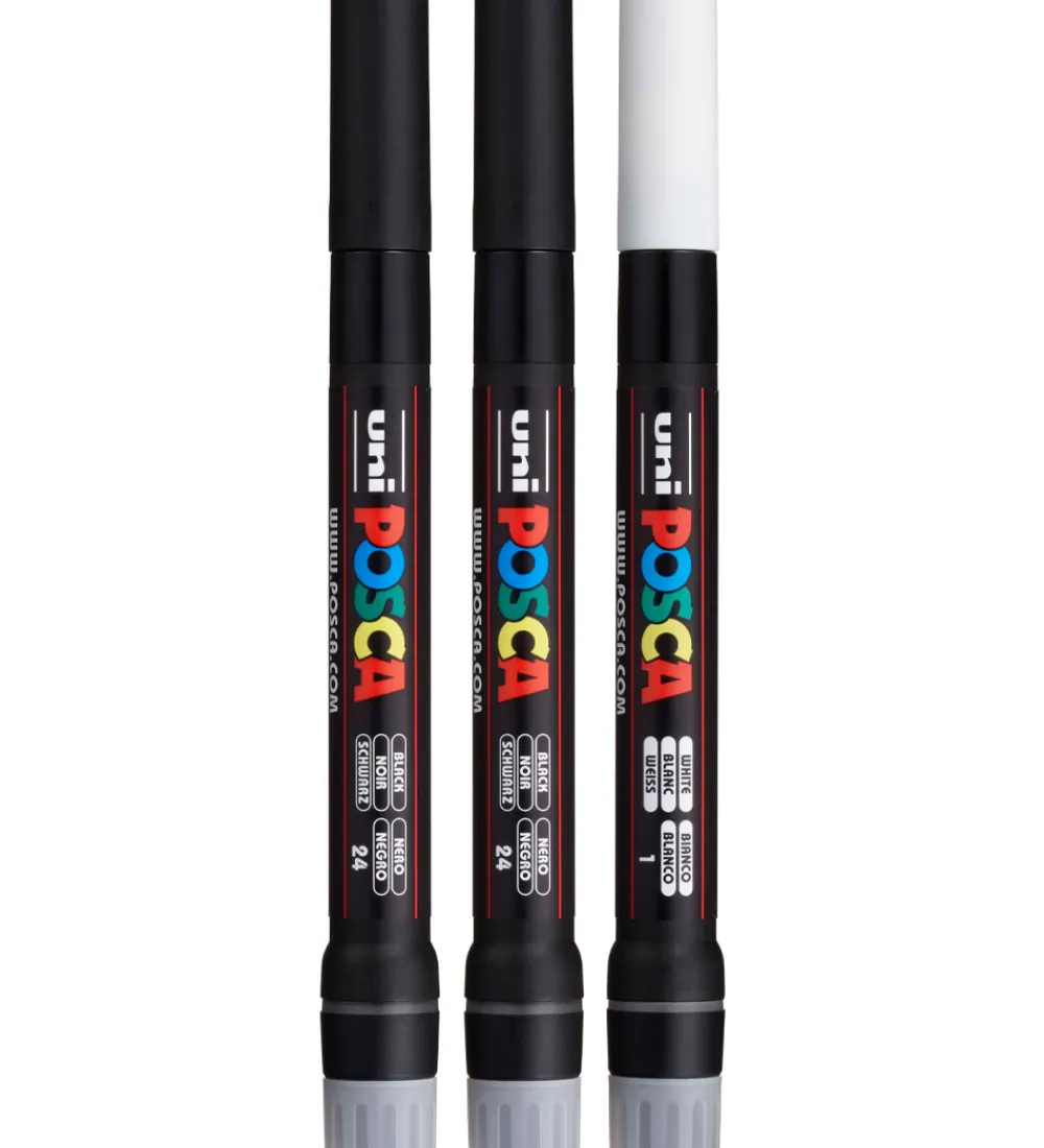 Posca Tuscher Og Farver|Kreativ Leg>Tuscher m. Pensel-spids - PCF-350 - 3 stk. - Hvid/Sort