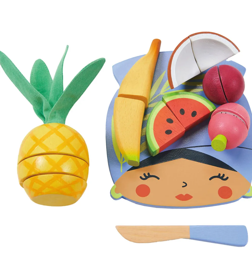 Tender Leaf Trælegetøj>Trælegetøj - Skærebræt med Tropisk Frugt - 16 Dele